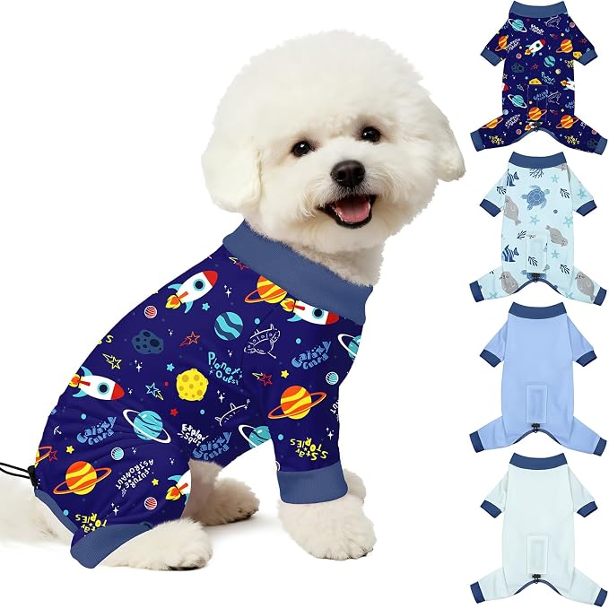 Bienbee Dog Pajamas, 4 Pack Adjustable Onesies for Small to Large Dogs M | Dog Shedding Suit with Soft Fabric, Breathable & Stretchy, and Adjustable Back Length for Sleeping Lounging and Daily Use