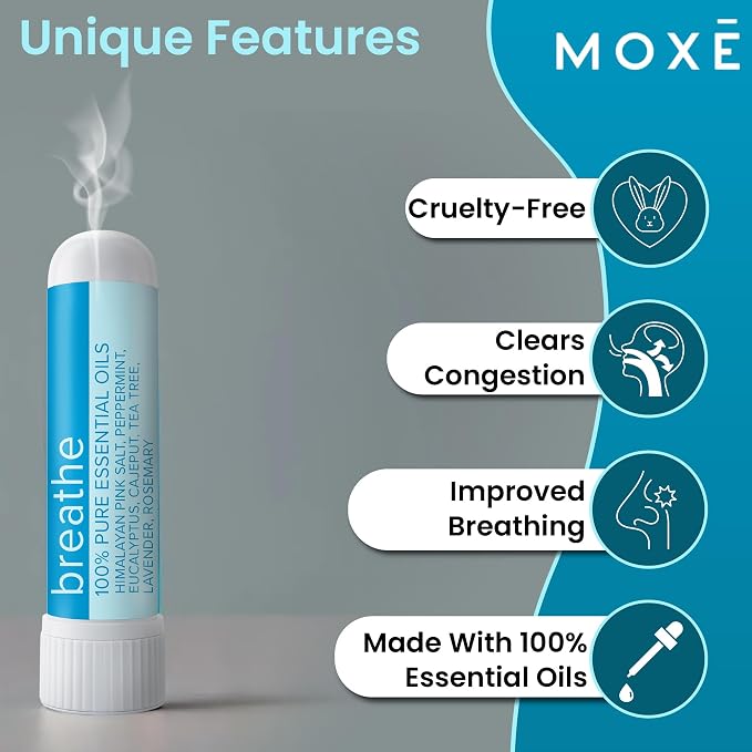 MOXE Breathe | Himalayan Salt Inhaler | Help Clear Congestion, Boost Focus and Improve Breathing | Natural Aromatherapy | Peppermint, Lavender and Tee Tree Essential Oil (6 Pack)