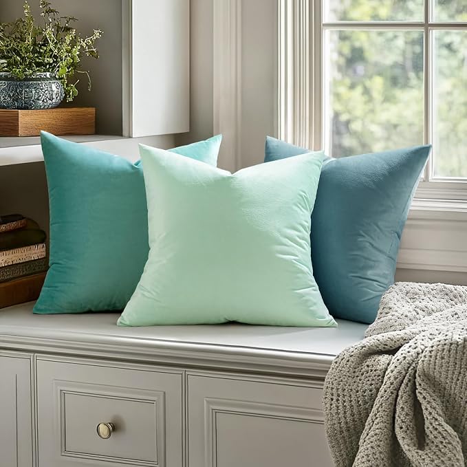 MIULEE Velvet Throw Pillow Covers 16x16 Inch Pack of 2 Aqua Green | Soft Solid Small Decorative Pillow Covers, Modern Luxury Home Decor, for Couch Chair Sofa Bedroom Livingroom Car