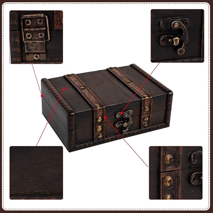 WaaHome Treasure Box for Kids 6.2" Pirate Treasure Chest Small Decorative Wooden Box for Storage Keepsakes Jewelry Tarot Cards Trinkets Dice and Home Decor Gifts