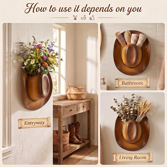 Hanging Wall Vase for Flowers Resin Cowboy Hat Vase Western Decor Gradient Brown