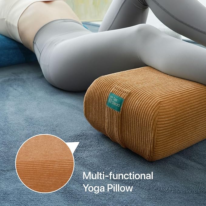 Yoga Bolster Pillow for Meditation and Support - Rectangular Foam Cushion with Removable Corduroy Cover, Machine Washable Suede-like Pillowcase & Convenient Carry Handles for Women Blue