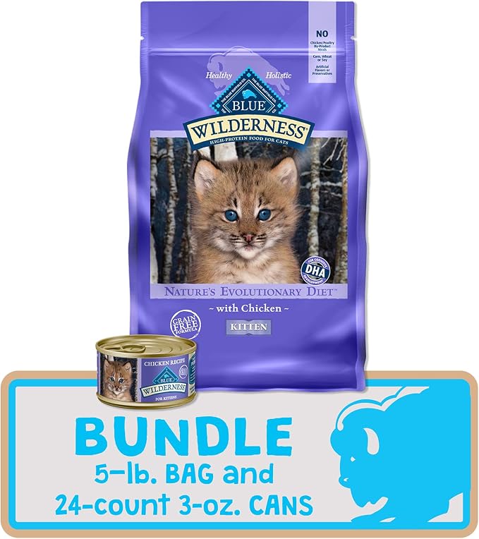 Blue Buffalo Wilderness High Protein, Natural Grain Free Kitten Food Bundle - Chicken (5-lb Dry Food + 3oz cans 24ct)
