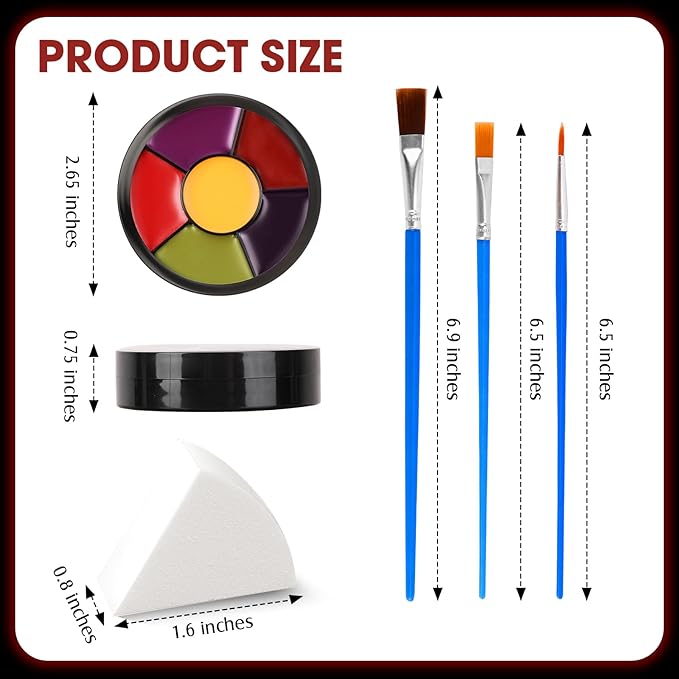 6 Colors Halloween Face Body Paint + 6pc Sponge + 3pc Brush, Yellow Purple Red Green Bruise Wheel for SFX Makeup, Face-Paint Body Paint Halloween Makeup Kit for Zombie Clown Joker Alien Witch Costume