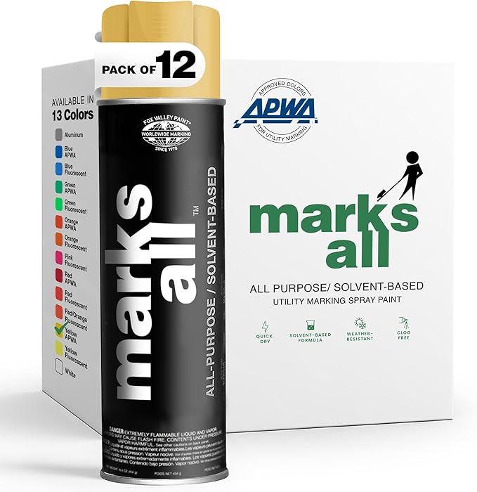 Fox Valley 18oz Marks All Solvent-Based Marking Paint Spray, 12-Pack Yellow APWA – Long-Lasting, Weather-Resistant Spray Paint for Wet or Dry Surfaces Like Metal, Grass, Concrete, Wood, & More