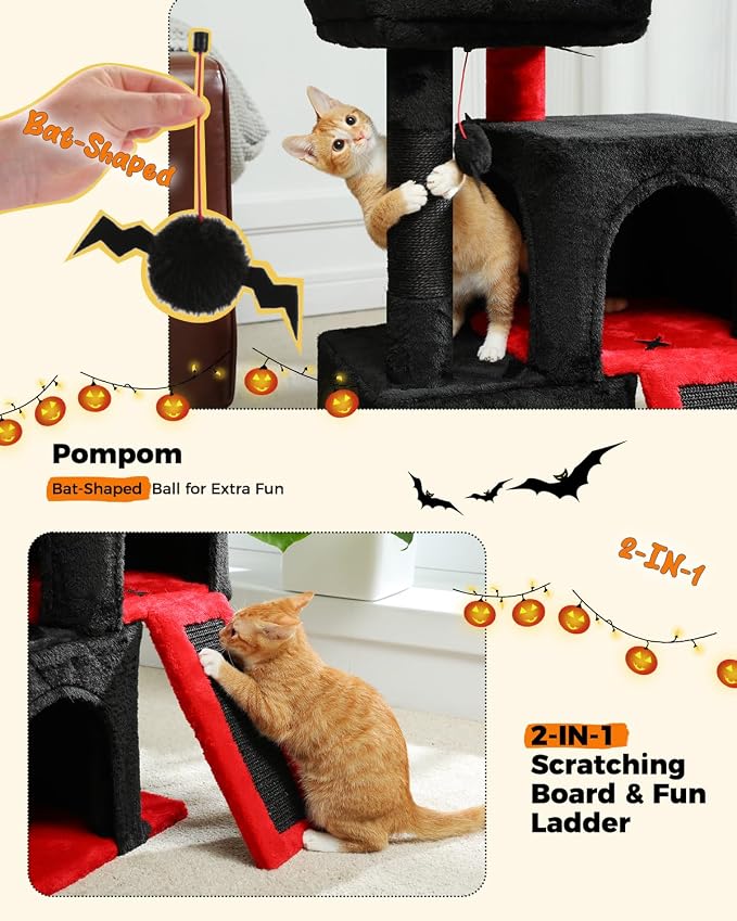 PAWZ Road 30" Cat Tree, Gothic Cat Tower with 2 Condos for Indoor Cats | cat trees for small cats,cat houses with scratching ramp and posts,dual condos&top perch with bat toys