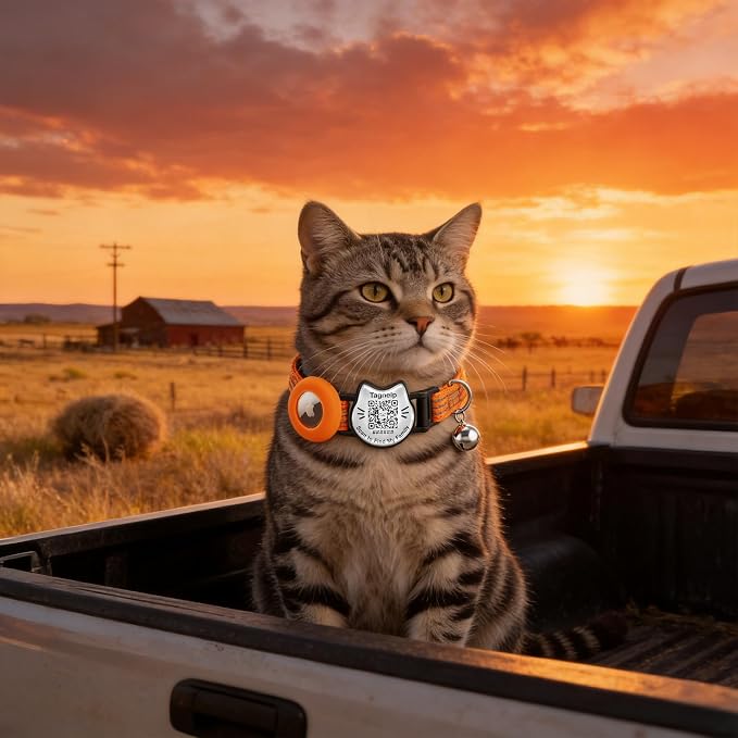 Cat Collar with AirTag Holder, QR Code Tag and Bell (Orange, Dot Matrix)