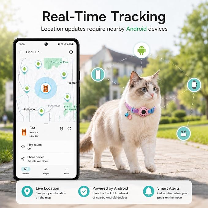 Cat Tracker GPS for Android, Pet GPS Tracker Collar for Cats No Subscription, IP67 Waterproof Cat Collar with Tracker Compatible with Google Find Hub – Replaceable 1-Year Battery, Android Only (Pink)