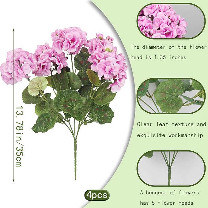 CISDUEO 4 Pcs Artificial Geraniums for Outdoors Silk Flowers Outside, Pink | Faux Flowers Geraniums for Outdoor Planter Floral Home Decor Indoor Garden Patio Grave Cemetary Vase Table Centerpiece