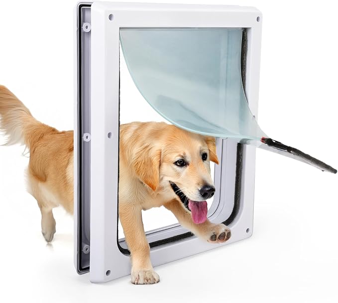 PAWISE 2 Way Dog Door, Lockable Dog Flap with Flexible Transparent Flap, Weatherproof & Easy Install Pet Door with Solid Metal Panel, Energy-Efficient Design Doggy Door for Large Dogs(15.3"x12.2")