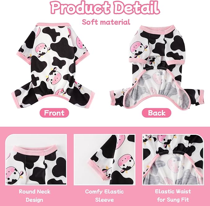 DaFuEn Dog Pajamas for Small Dogs, Soft Stretchy 4 Legs Puppy Jumpsuit, All Season Cozy Pet PJs for Chihuahua Yorkie Teacup Dogs, Cat Clothes (Pink Cow, L)