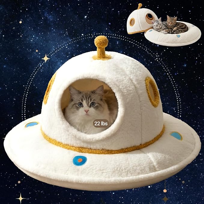 Cat House for Indoor Cats - 2 in 1 UFO Large Cat Bed Cave | Soft Sherpa Fabric, Calming Cozy Hideaway, Removable & Washable Cushion, Spacious for Multi-Cat Families (Up to 25 Lbs)