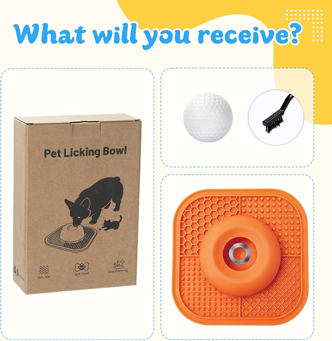 Slow Feeder Dog Bowls & Lick Mat for Liquid and Thick Treat, Anti-Slip Dog Lick Bowl with Interactive Rolling Ball, 5/6 Cup Pup Licking Toy for Large Medium Small Dogs and Cats-Large Orange