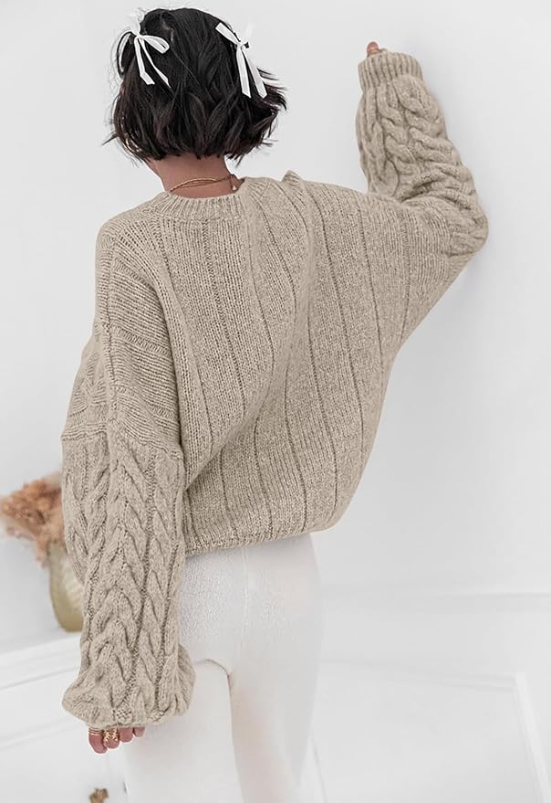 PRETTYGARDEN Womens Sweaters Spring 2026 Cable Knit Long Sleeve Crewneck Oversized Sweater Chunky Pullover Loose Outfits
