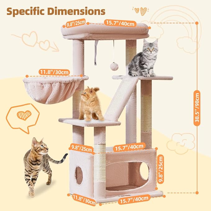 Taoqimiao Cat Tree, 38.5In Cat Tower for Indoor Cats, Suitable for Kittens | Thick Padded Top Perch, Luxurious Cat Condo, Adjustable Basket, 1-Piece Ramp Scratcher, 3 Natural Sisal Posts, Pink, MS029SP