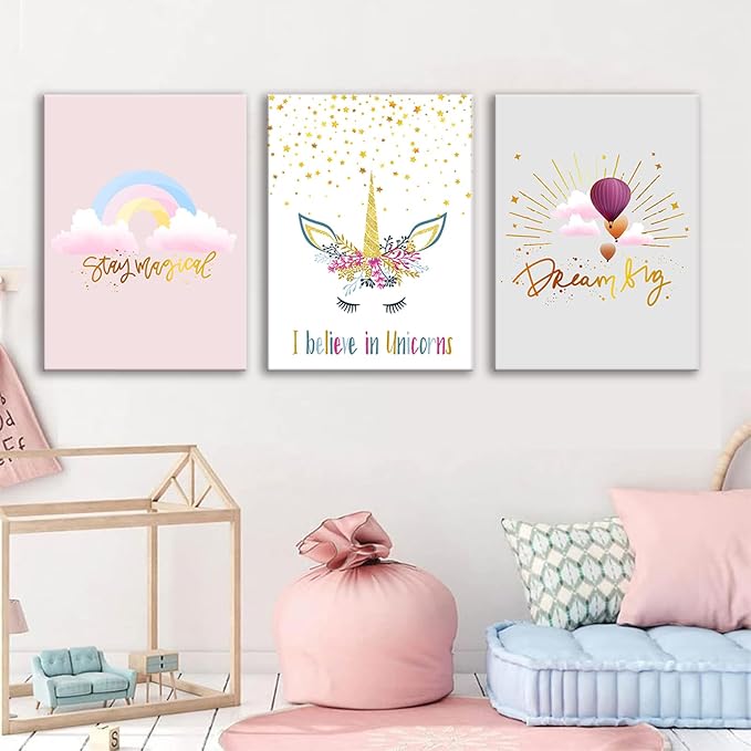 Colorful Unicorn Wall Art for Girls Bedroom Pink Unicorn Poster Pictures 3 pcs Motivational Rainbow Hot Air Balloon Cartoon Unicorns Paintings for Teen Girl Women Nursery Bathroom Decor 16"x24"