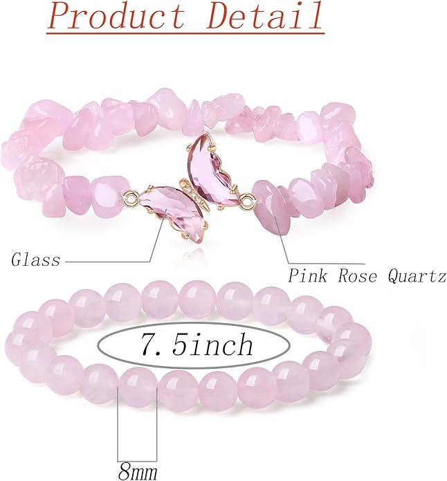 DUQGUHO 2Pcs Butterfly Bracelets for Women Healing Crystals Bracelets for Women Natural Gemstone Bead Bracelet Cute Butterfly Charm Bracelet Stretch 8mm Crystal Jewelry Gifts for Women