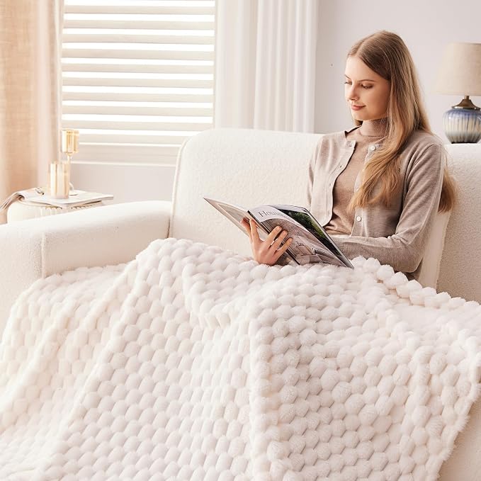 NEWCOSPLAY Fleece Clouds Cozy Queen Blanket for Couch, Ivory, 90"x90" | Premium Silky Flannel Blanket, Soft Lightweight Fluffy Throw Blanket for Bed Sofa Decor, Gift for All Season Use