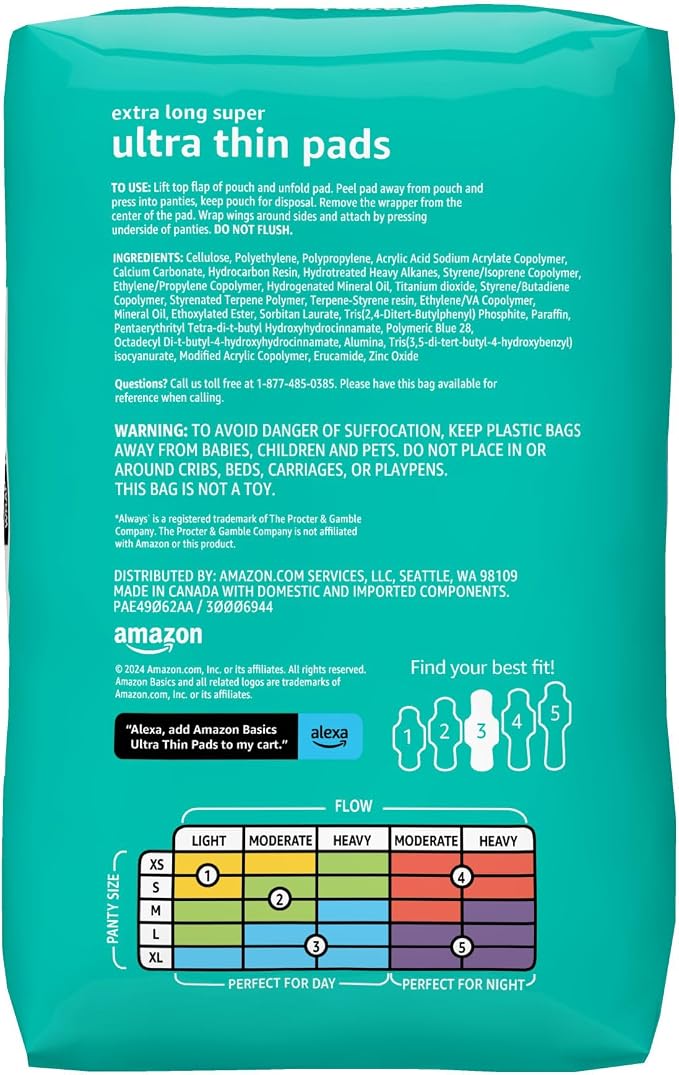 Amazon Basics Ultra Thin Pads with Flexi-Wings for Periods, Extra Long Length, Super Absorbency, Unscented, Size 3, 112 Count (4 Packs of 28)