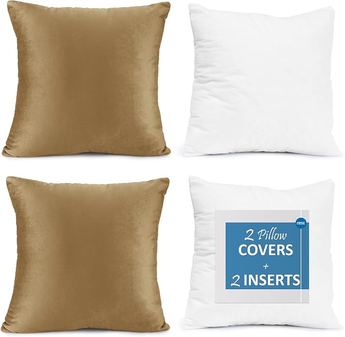 Throw Pillow Inserts Pack of 2 with Velvet Soft Solid Decorative Square Throw Pillow Covers Set for Sofa Couch Car Bedroom, 18X18 Throw Pillows Inserts with 16x16 Washable Cushion Covers, Light Brown