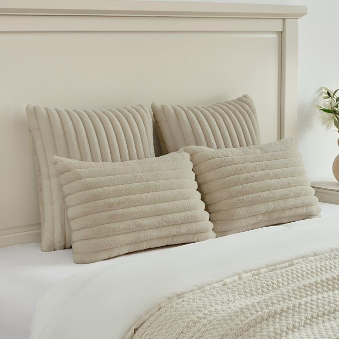 FUTEI Pack of 2 Faux Fur Throw Pillow Covers 22x22 Inch, Beige | Fluffy Faux Rabbit Fur Front/Premium Velvet Back,Hidden Zipper,Machine Washable,Non-Shedding,Colorfast,Insert Not Included.