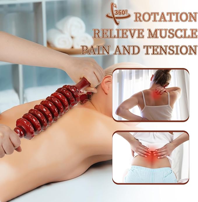 Liitrton Manual Wooden Fascia Massage Roller Trigger Points for Release Cellulite Sore Muscle Blasting (Red straight-9-Wheel)