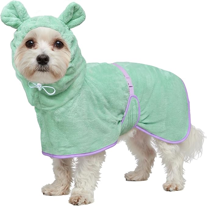 Dog Bathrobe Super Absorbent Towel Robe - Microfiber Bath Towels Fast Drying Coat for Dogs, Cute Dogs Clothes Adjustable Collar & Belly Strap Warm Keeping Hooded Dog Towel (Light Green, Large)