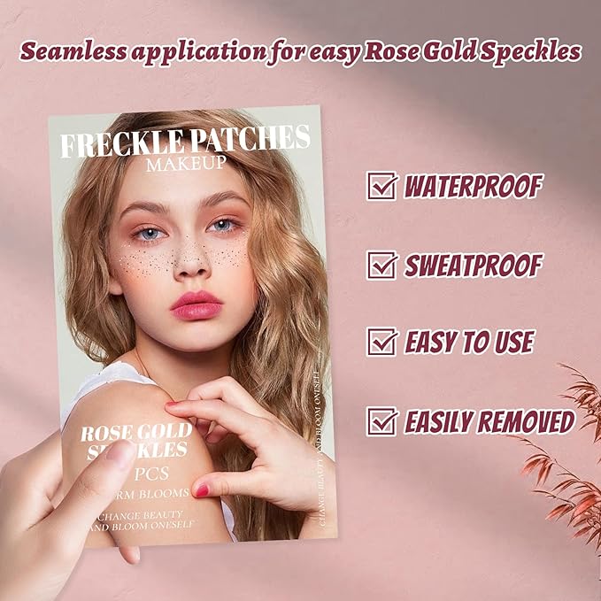ROSE GOLD Glitter Freckles Makeup Patches, 12PCS Speckles Face Tattoos Sticker Set, Temporary Face Sparkle Sticker Makeup Accessories for Women Girl, Lasting & Waterproof