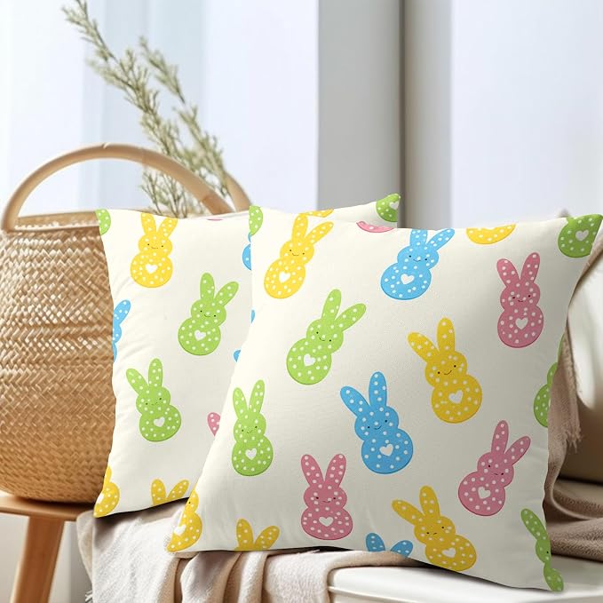 Easter Bunny Pillow Covers 24X24 Inch Colorful Peep Rabbit Polka Dot Decorative Pillow Cases Spring Easter Holiday Throw Pillows Set of 2 Seasonal Modern Farmhouse Home Decor For Sofa Couch Outdoor