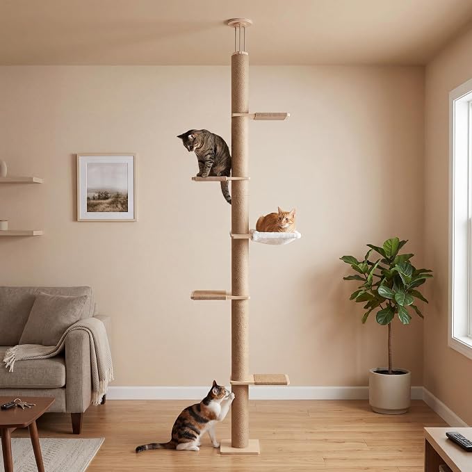 Floor to Ceiling Cat Tree,5 Tier Adjustable Height Climbing Tower | 6-10.1 FT with Sisal Scratching Posts, Cats Activity with Cozy Hammock for Indoor Cats (Floor to Ceiling)