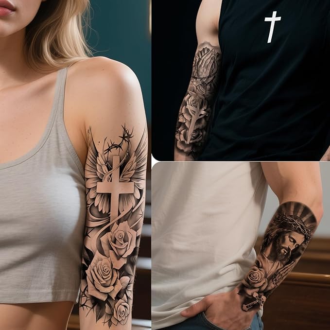 48 PCS Large Christian Temporary Tattoos Stickers Adult Men Women Kids Full Half Arm Sleeve Jesus Cross God Christ Catholic Religious Realistic Body Shoulder Arm Fake Tattoos Stickers Waterproof