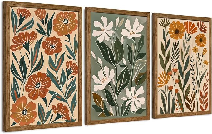 Urmoya 3 Pieces Boho Floral Decor Flower Market Wall Art, 16x24 Inch | Wood framed, Chic green and beige botanical trio, Ready to hang, for living room, Office, or guest bedroom home decor