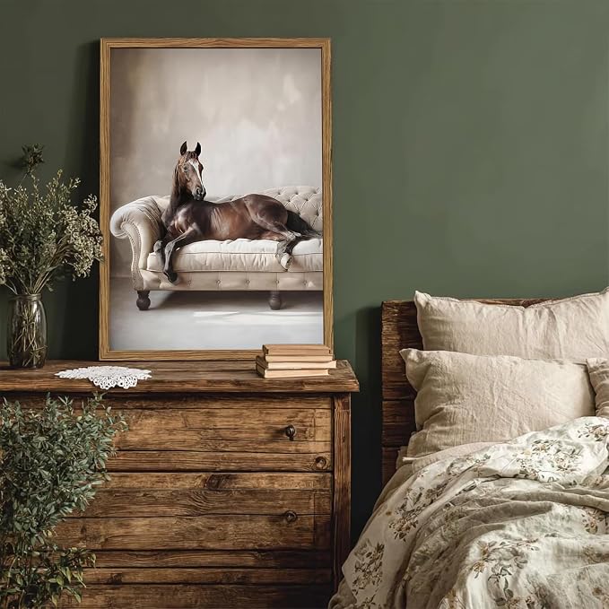 Framed Funny Horse Canvas Wall Art, Vintage Western Brown Horse On Sofa Pictures Wall Decor, Rustic Farmhouse Animal Paintings Prints for Living Room Bedroom Office Dorm 16x24 inch
