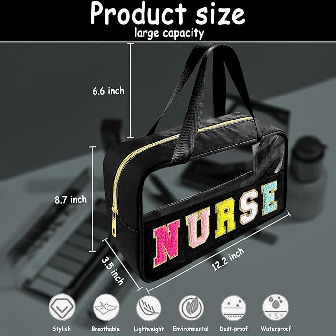 Bunliuys Chenille Letter Clear Makeup Bag with Nurse Patch, Travel Toiletry Makeup Bag with Handle, Nylon Waterproof Cosmetic Bag, Preppy Patch Makeup Bag for Women (NURSE-Black)