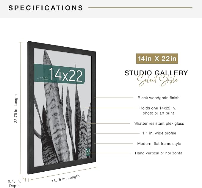 MCS Studio Gallery 14x22 Poster Frame Black Woodgrain Engineered Wood, Vertical & Horizontal Wall Hanging Large Picture Frame for Photos, Posters & Art Prints (1-Pack)