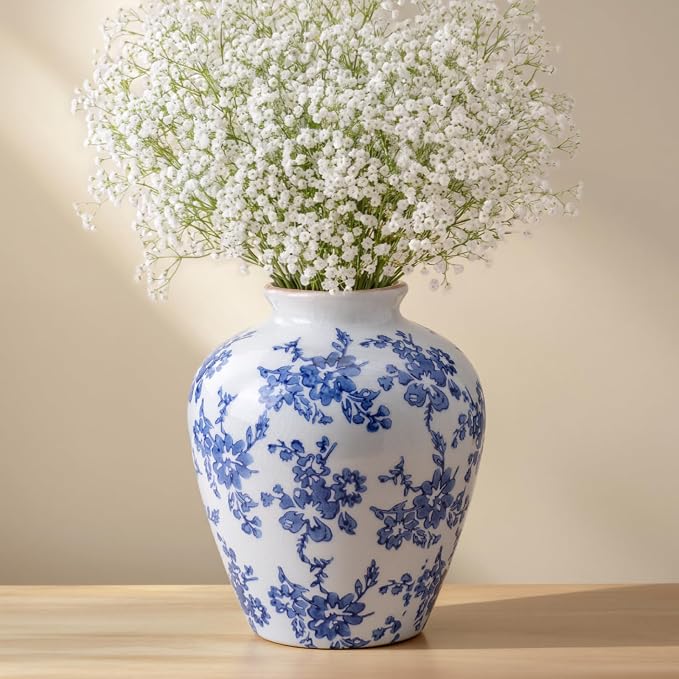 Ceramic Flower Vase Home Decor,8 Inch Blue and White Porcelain Vases,Vintage Table Vase for Farmhouse Rustic Living Room Kitchen Bedroom Shelf Office Desk Coffee Dining Fireplace