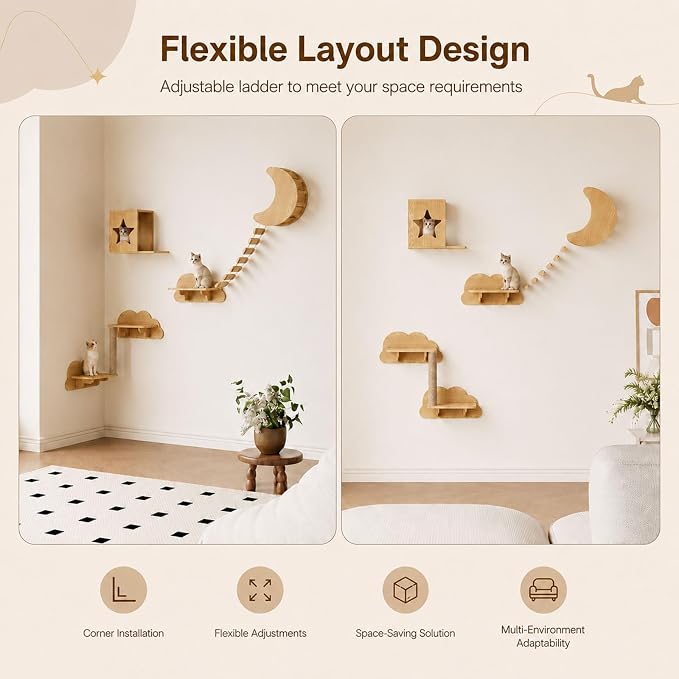 Solid Wood Climbing System for Large Cats, 7-Piece Cat Wall-Mounted Furniture with Moon Bed, Star House, Suspension Bridge and Scratching Post for Indoor Cats