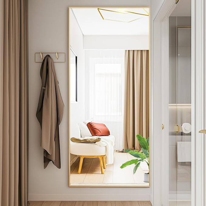 DUMOS 26"x68" Full Length Mirror with Stand, Full Body Floor Mirror | Free Standing or Wall Mount, Nano Glass Aluminum Frame, Hanging or Leaning, Modern Simple Home Decor, Gold