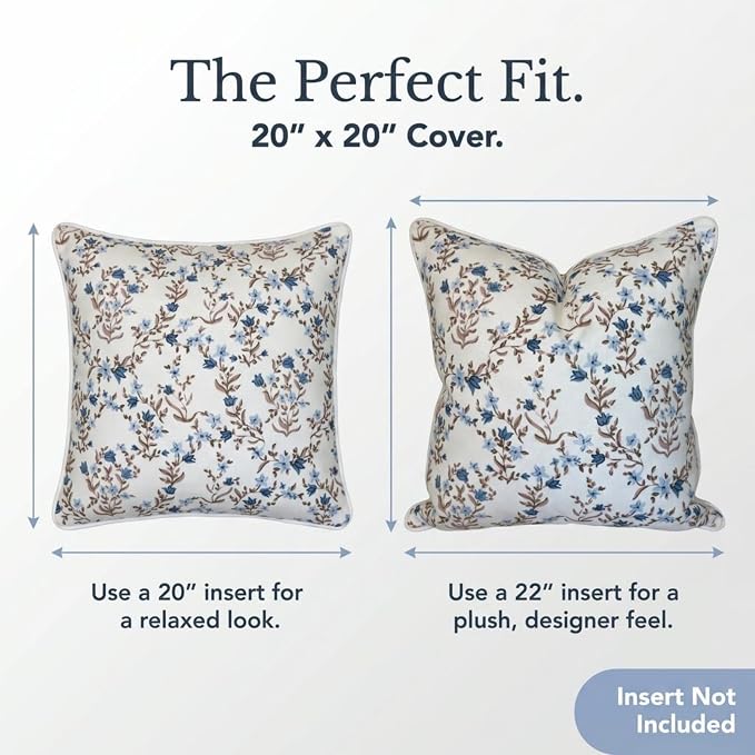 “The Lily” Floral Block Print Pillow Cover – Soft Blue and White Decorative Throw Pillow Cover – Grandmillennial Home Decor, 20" x 20"
