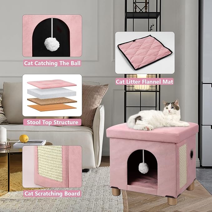 BRIAN & DANY Cat House for Indoor Cats,Cat Bed Cave for Kitten with Scratch Board & Ball,14.5X 12.5X 14.1 inches, Pink