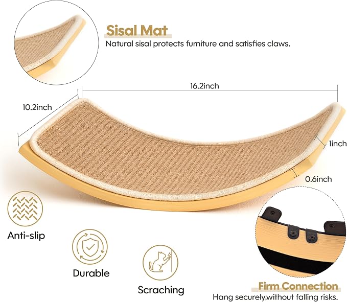 Wood Cat Wall Curved Bed with Sisal Mat, Cats Shelf for Sleeping Scratching | Ergonomic Curved Design, Scratchable Sisal Pad, Wall Mounted