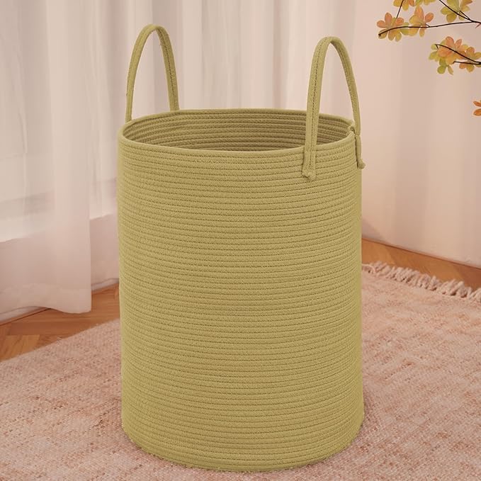JMvicyroam 60L Cotton Rope Laundry Basket Hamper, Jute | Collapsible laundry basket, reinforced handles, freestanding, machine washable, holds 3-5 thick blankets, clothes or toys