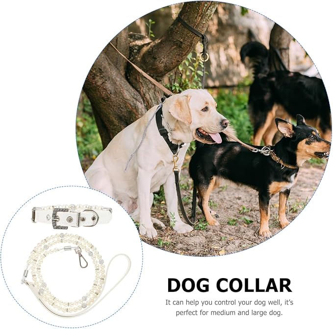 POPETPOP 2Pcs Dog Pearls Collar and Leash Set Elegant Pearl Decorated Neckwear for Outdoor Walking Training Birthday Party Wedding Christmas Use