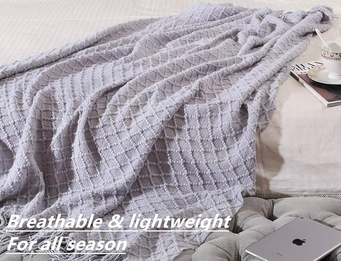 CREVENT Rustic Farmhouse Couch Sofa Throw Blanket for Bedroom Living Room Decoration, Soft Warm Cozy Light Weight for Spring Summer (50''X60'' Light Grey)