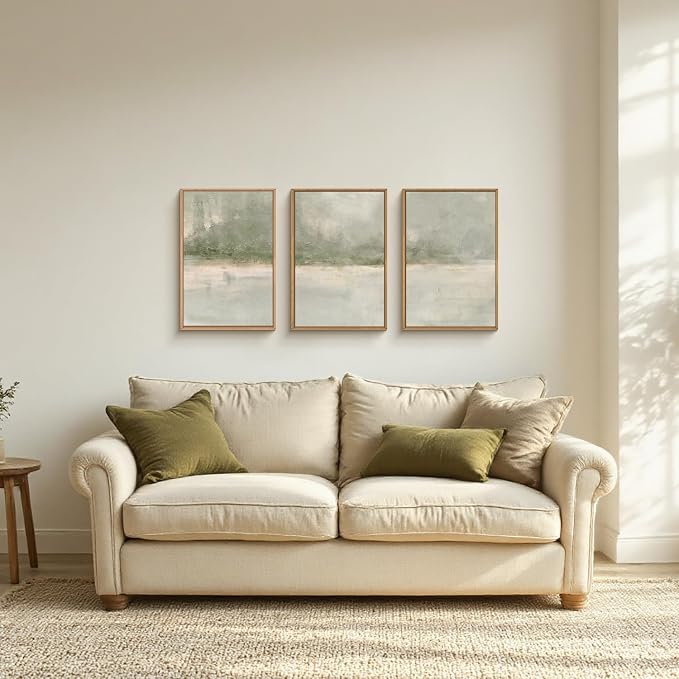 FWIEXA Grey Green Abstract Canvas Wall Art Set 3, Neutral Landscape Framed Prints, Modern Lake Scenery Paintings, Beige 16x24In Watercolor Artwork Poster for Farmhouse, Living Room, Bedroom, Office