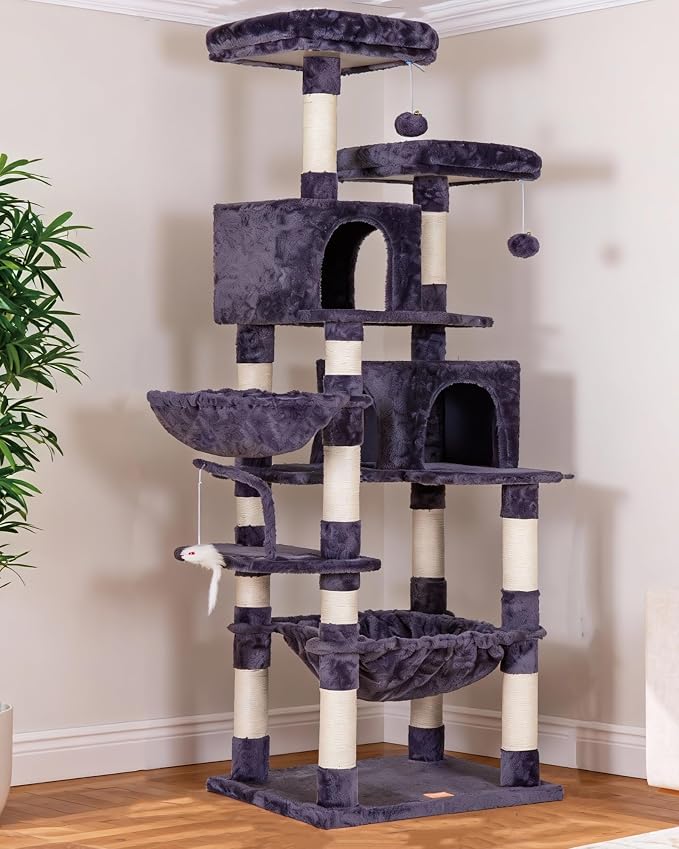 Heybly Cat Tree, 70 inches Tall Cat Tower for Indoor Large Cats HCT032G | Big Cat Condo with Toy , Cat House Furniture with Padded Plush Perch, Cozy Hammock and Sisal Scratching Posts, Smoky Gray