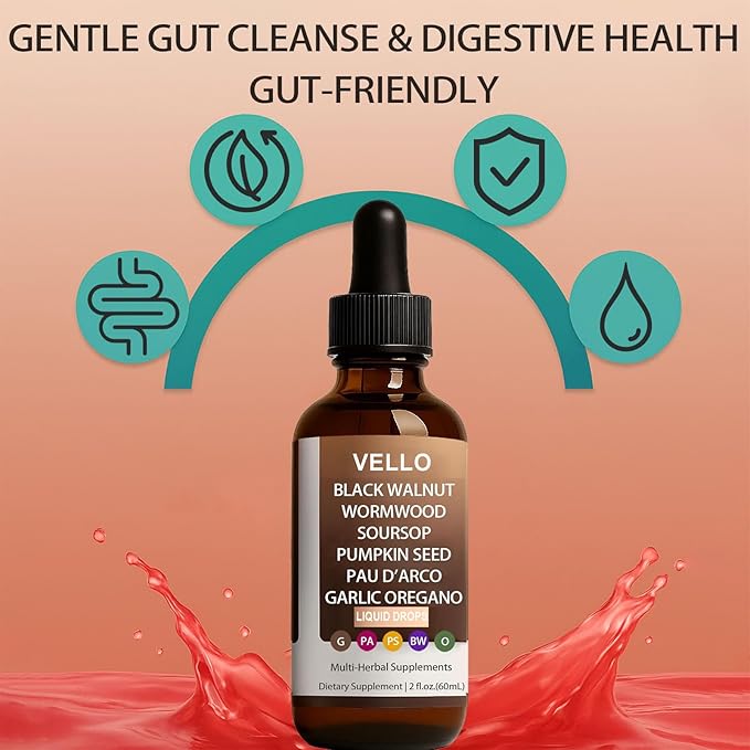 VELLO Black Walnut Wormwood Gut Cleanse | Soursop, Pumpkin Seed, PAU D'arco, Garlic Oregano, Digestion Aid & Boosts Energy, Gut Health & Absorption (2)