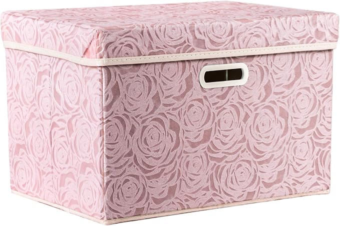 Larger Collapsible Storage Bin with Lid [1-Pack] Fabric Decorative Storage Box Cube Organizer Container Baskes with Handles Divider for Bedroom Closet Living Room Pink 17.7x11.8x11.8 Inch
