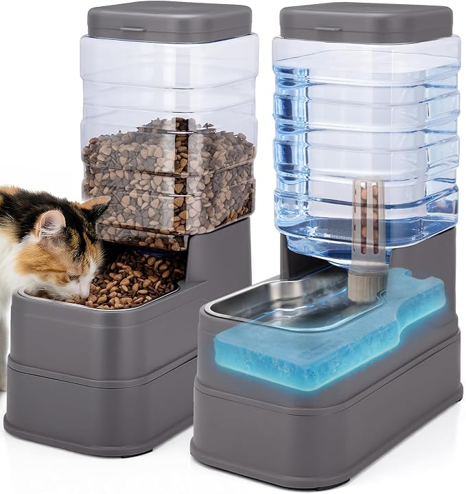 2 Pack Automatic Cat Feeder and Water Dispenser 1.3 Gallon Dog Gravity Food Feeder and Water with Ice Pack Stainless Steel Dry Food and Water Bowl for Small Medium Large Pets (Grey)