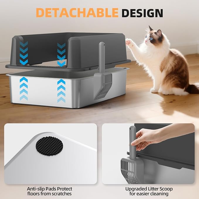 Stainless Steel Cat Litter Box, XXL High Sided Open Top Litter Pan, 1 Scoop | XXL, Spacious Interior, High Sides, Anti-Urine Leakage, Non-Stick Odor Resistant, Easy Clean, Reduce Litter Tracking